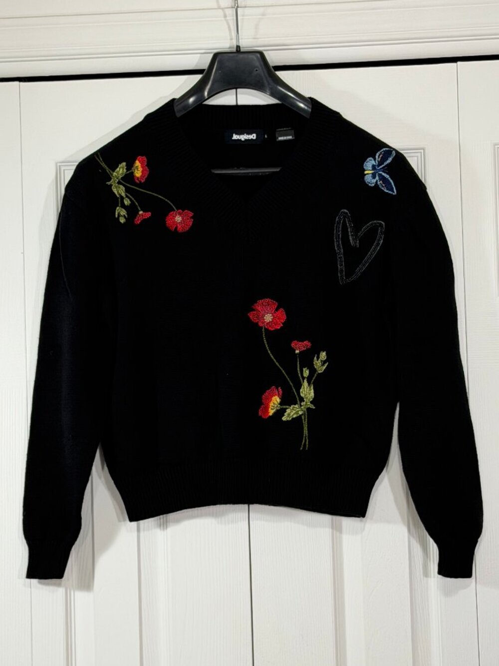 Desigual Black Knit Sweater with Poppy Embroidery